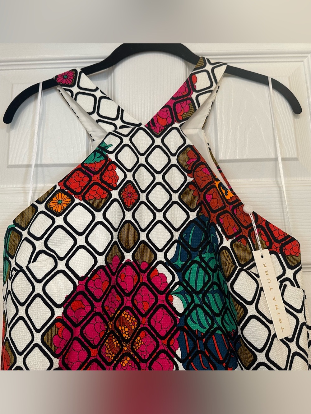 Trina Turk White Print Dress with Pink, Teal, Red & Orange Mosaic Print. - Picture 4 of 4